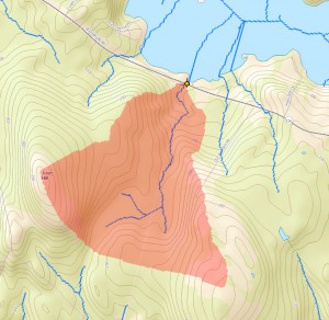 Screenshot from the StreamStats program showign the watershed associated with the stream flowing into Clary Lake at the Jefferson/Whitefield town line.