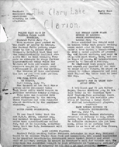 The Clary Lake Clarion was first published during the summer of 1931 by Eugene Stuart Fergusson and Paul MacDonald. This is a page from the 1st issue.